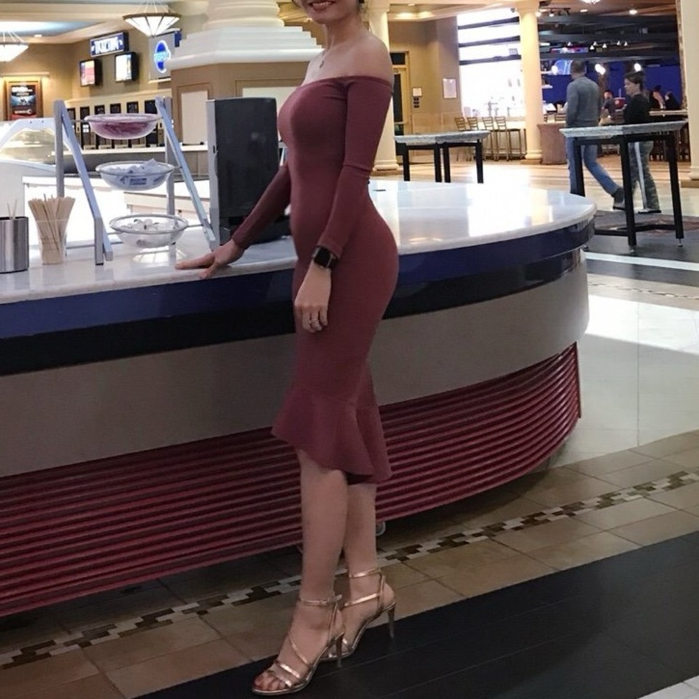High-Low Dark pink Off Shoulder Midi Dress. New without tags, worn only one